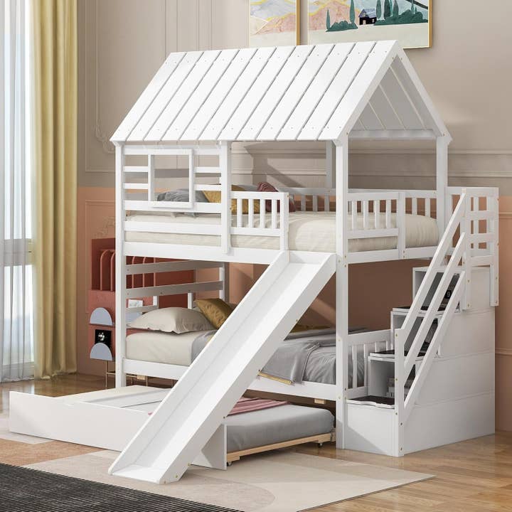 Kids Twin Over Twin Bunk Bed With Slide And Trundle White for wholesale on Faire2