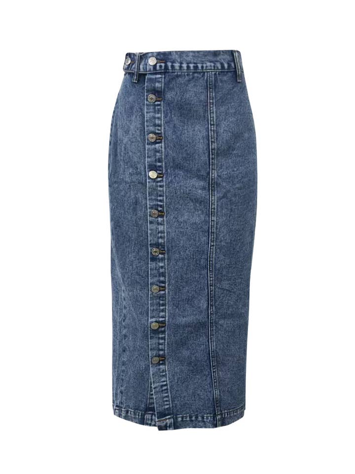HIDDENBRAND - Wholesale Skirt - Women's - Irregular Buttoned Denim High-Rise Maxi Skirt3