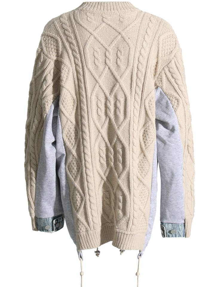 NEWGENS - Wholesale Knit Sweater - Women's - NT1036A Cable Knit Sweater with Denim Layered Details1