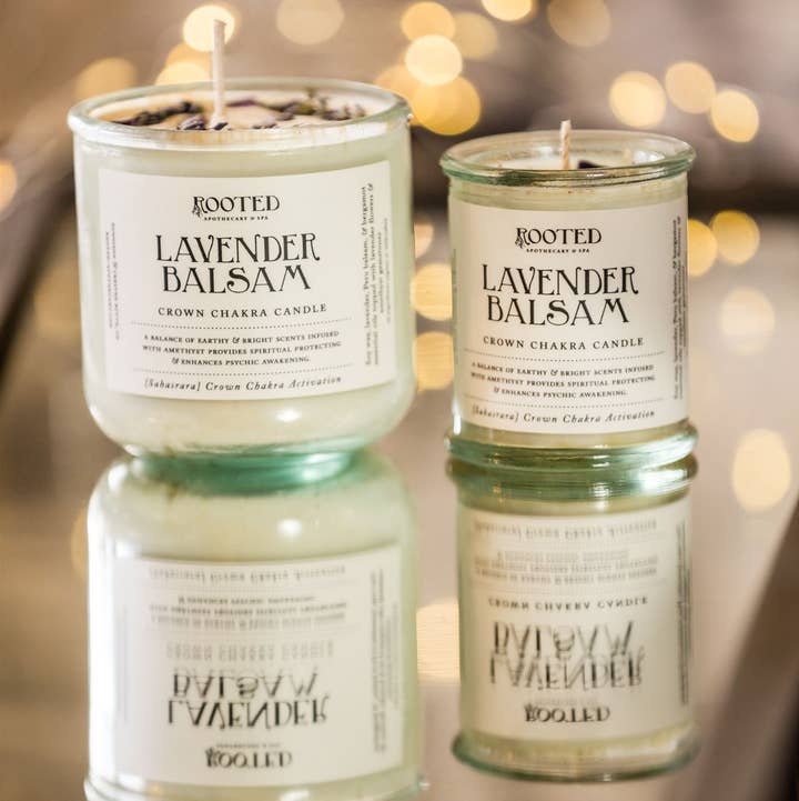 Lavender Balsam Chakra Candle for wholesale by Rooted Apothecary