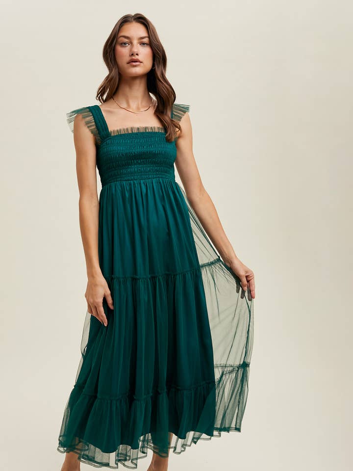 T GREEN ORGANZA TIERED MIDI DRESS / WL24-9372 for wholesale on Faire