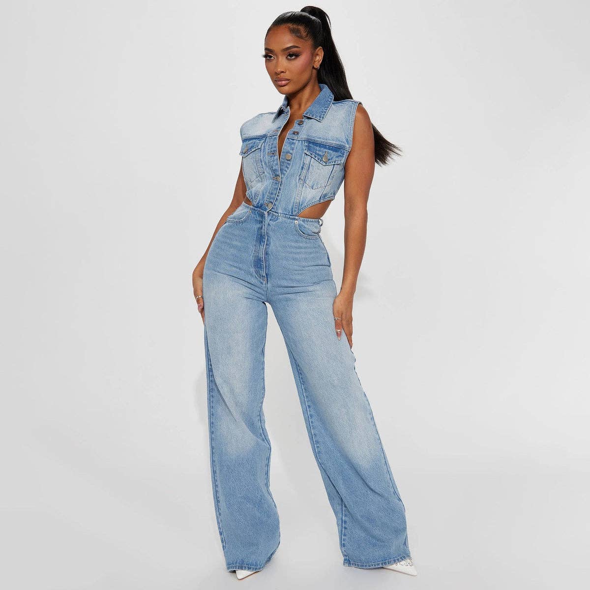 Lichtblauw Damesmode Sexy Revers Mouwloze Spijkerpak voor groothandel op Faire1