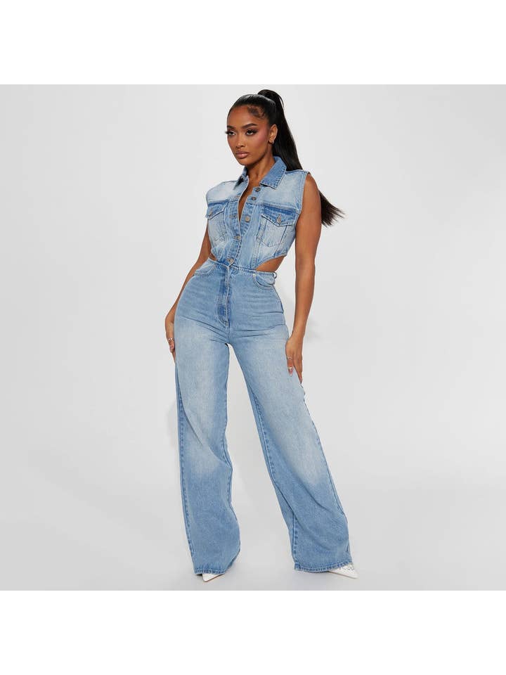 Lichtblauw Damesmode Sexy Revers Mouwloze Spijkerpak voor groothandel op Faire1