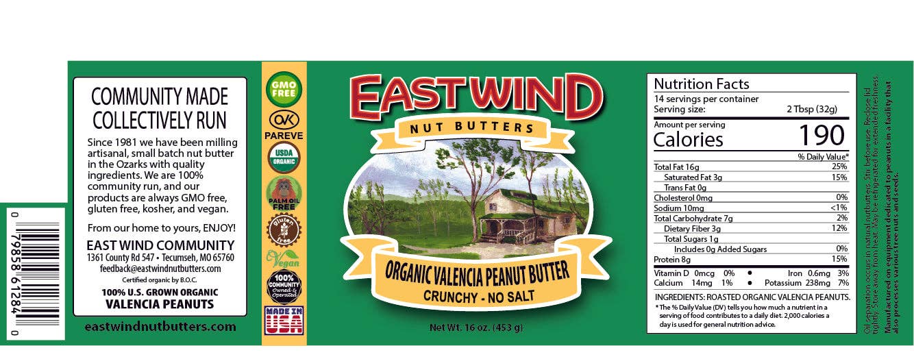 East Wind Nut Butters - Wholesale Nut Butter - 16oz Organic Valencia Peanut Butter1