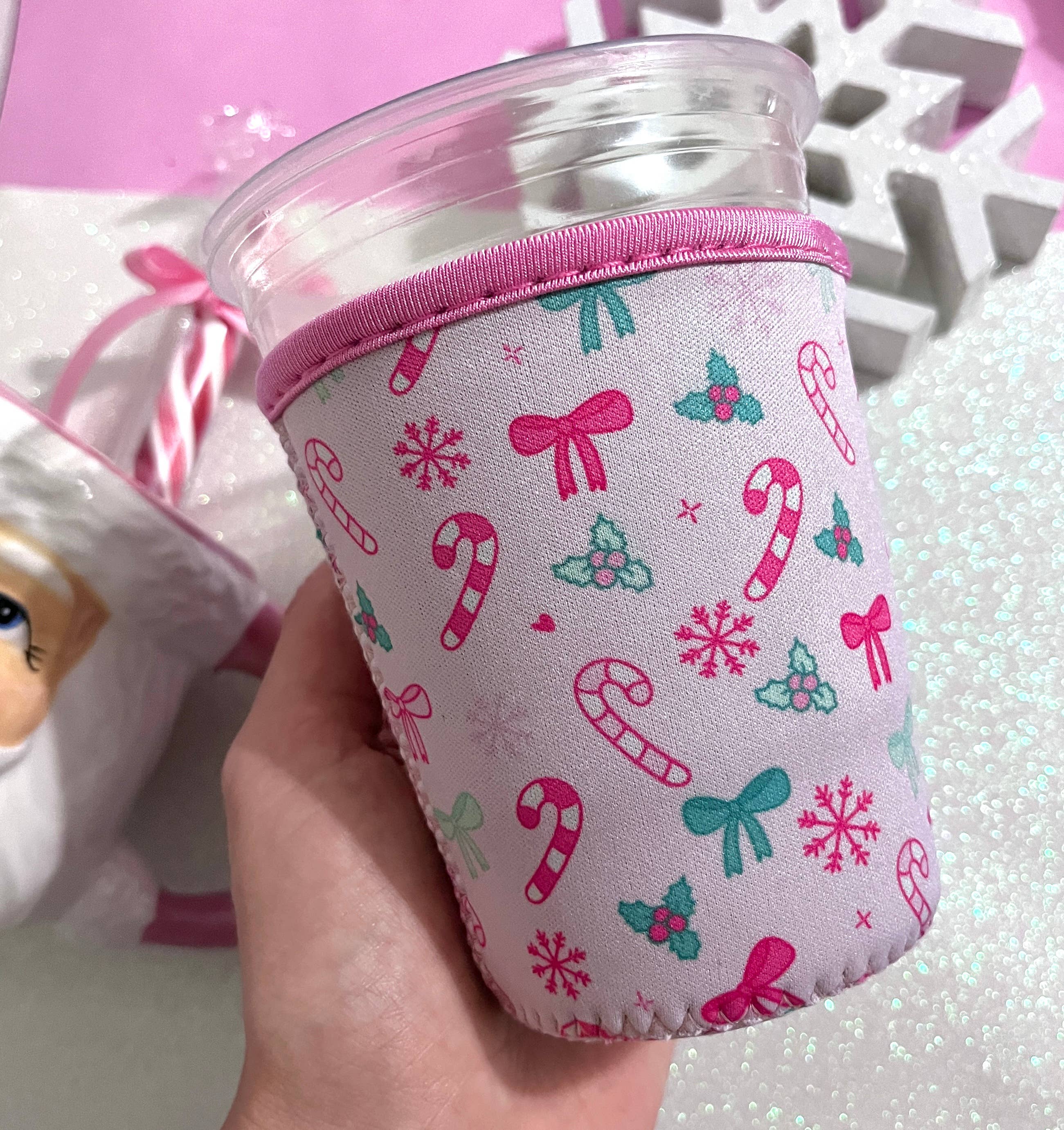 Illie Millie Designs - Wholesale Drink Huggers & Koozies - Pink Christmas Iced Coffee Sleeve- 16oz Drink Koozie 2