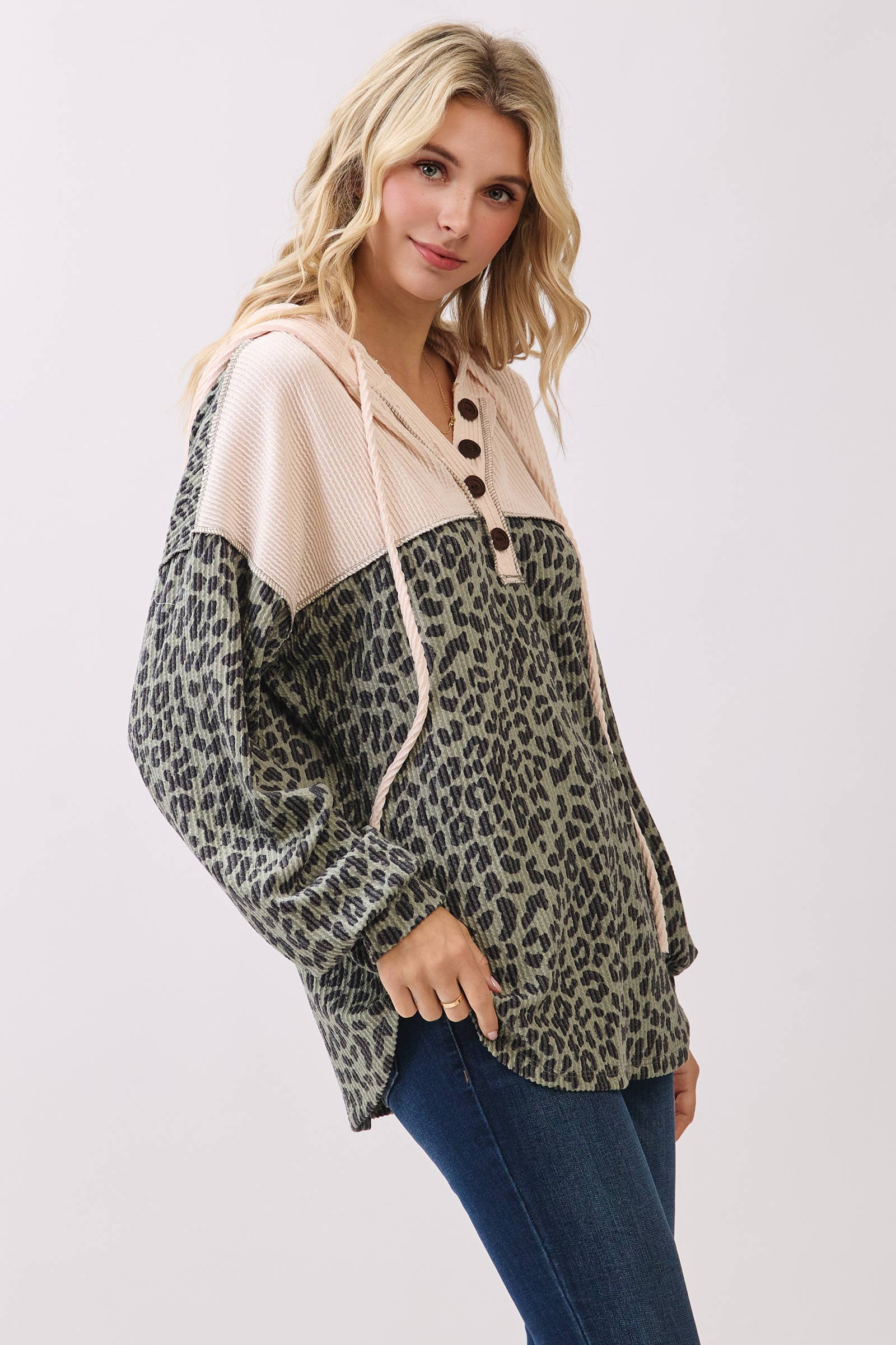 7th Ray - Wholesale Hoodie - Women's - Leopard Print Button Front Drawstring Hoodie T61152