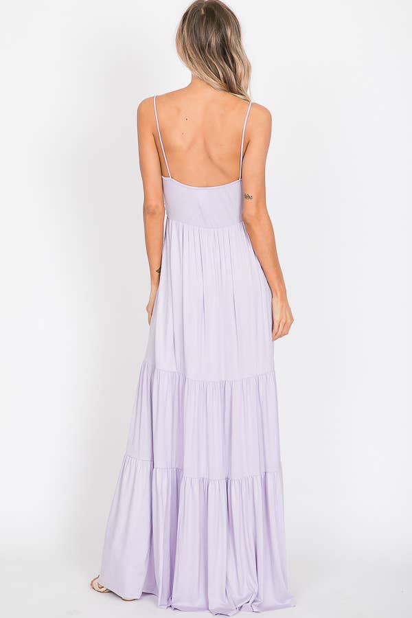 7th Ray - Vendita all'ingrosso Vestito - Donna - Abito lungo a balze con nodo frontale casual e spalline sottili D230723