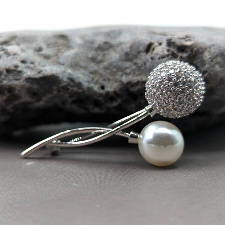 White pearl and crystal brooch for wholesale by Tempest Designs
