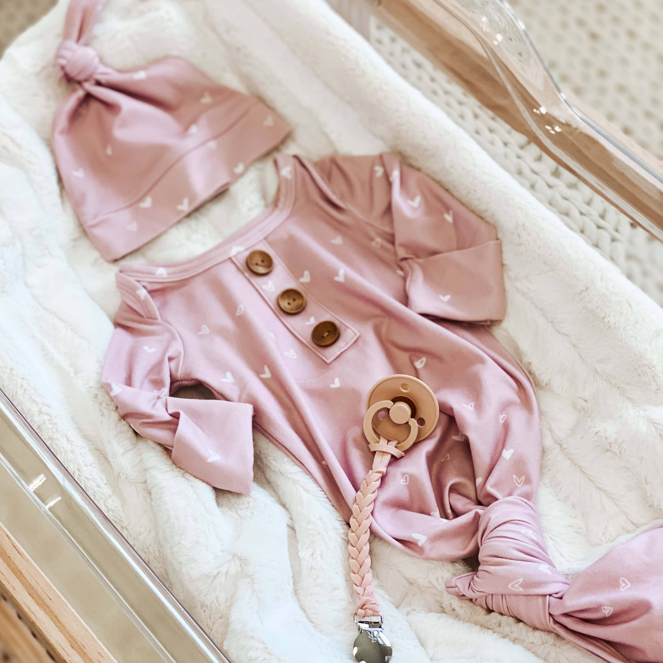 Caden Lane - Wholesale Babygown Set - Baby - Tiny Hearts in Dusty Pink Newborn Baby Knot Gown & Hat Set4