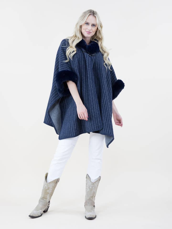 Original USA - Wholesale Cape - Women's - Pin-Stripe Cape w/ Faux Fur Trims & Neck Toggle2