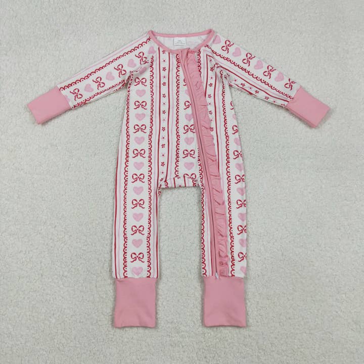 Baby Girls Pink Bows Hearst Stripe Valentines Two Way Ruffle Zip Convertible Rompers for wholesale by Aier Wholesale