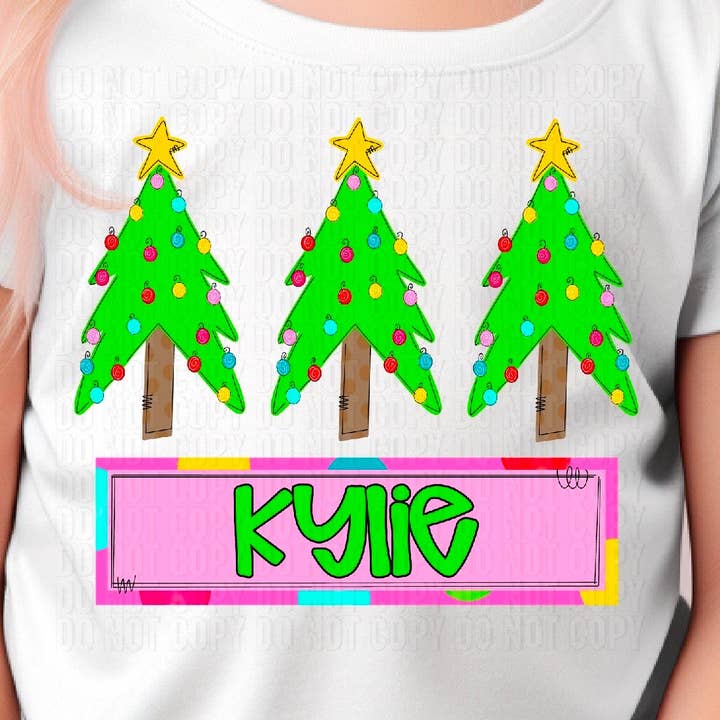 Christmas Tree Trio (Girl) With Name Plate Personalized DTF Transfer for wholesale by K and M Designs