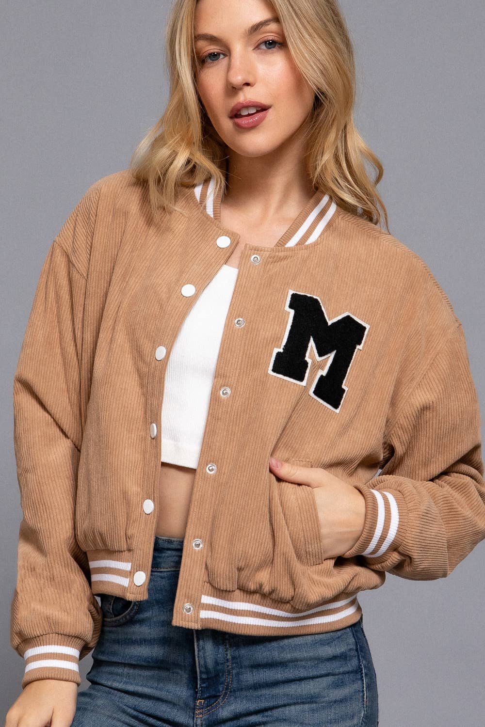 Active Basic | Active USA – wholesale College/Baseball Jacket - Women’s – Long Sleeve Corduroy Varsity Jacket15