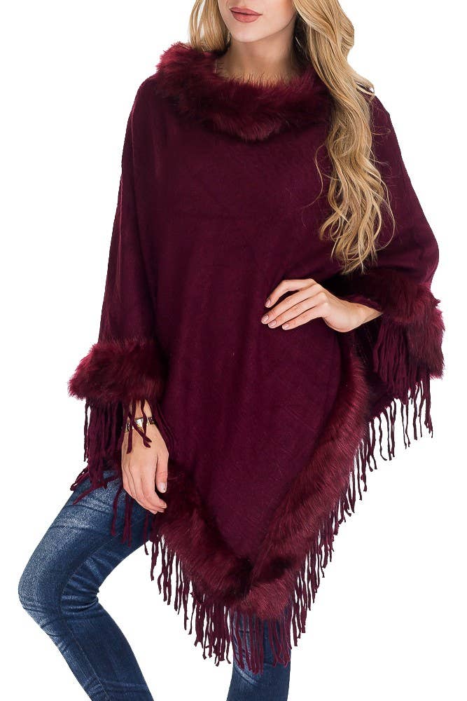 Cap Zone - Wholesale Poncho - Women's - Cable Printed Faux Fur Collar And Trimming Poncho4