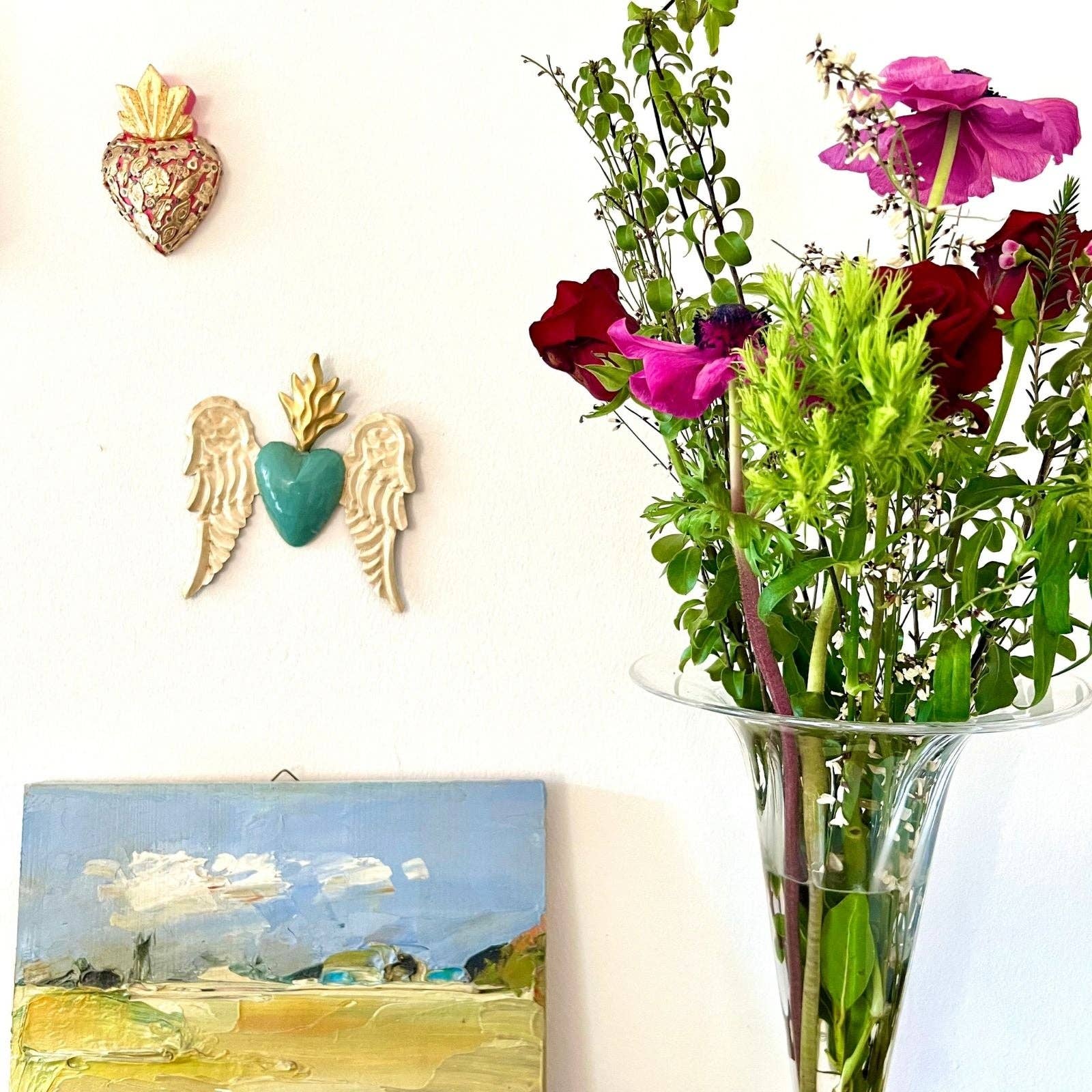 PINK PAMPAS - Wholesale Decorative Tabletop Object - Mini Sacred Heart in Mexican handmade wood with ex vota2