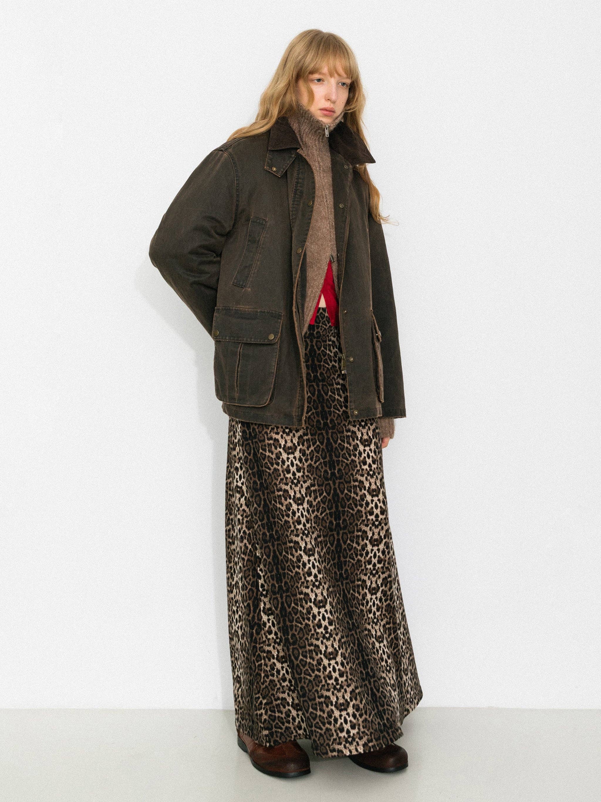 Brown Vintage Leopard Print Draped Maxi Skirt for wholesale on Faire2