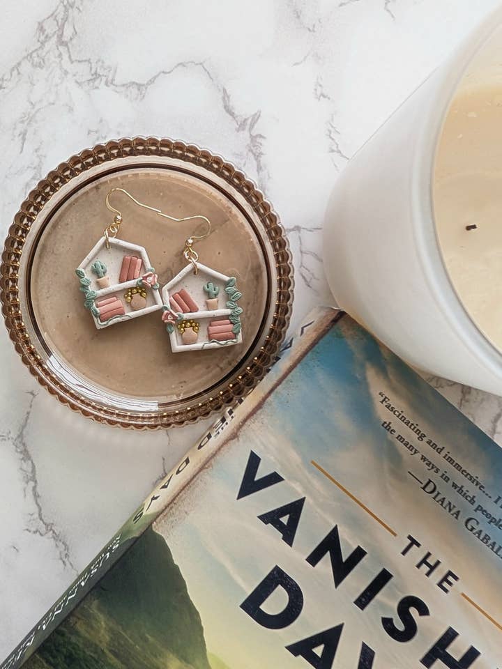 FLORAL & NEUTRAL BOOKSHELF EARRINGS | POLYMER CLAY DANGLES for wholesale by Thea & Grace