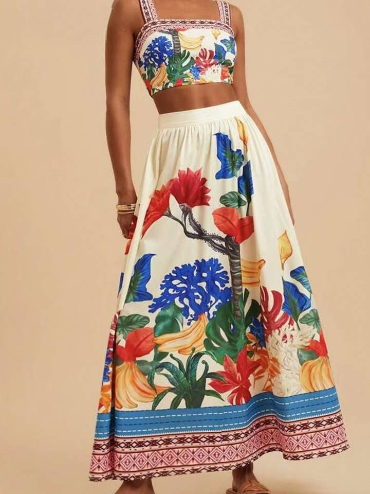 Rosa Clothing - Wholesale Top & Skirt Set - Women's - Colorful Boho Floral Print Crop Top & Skirt Set