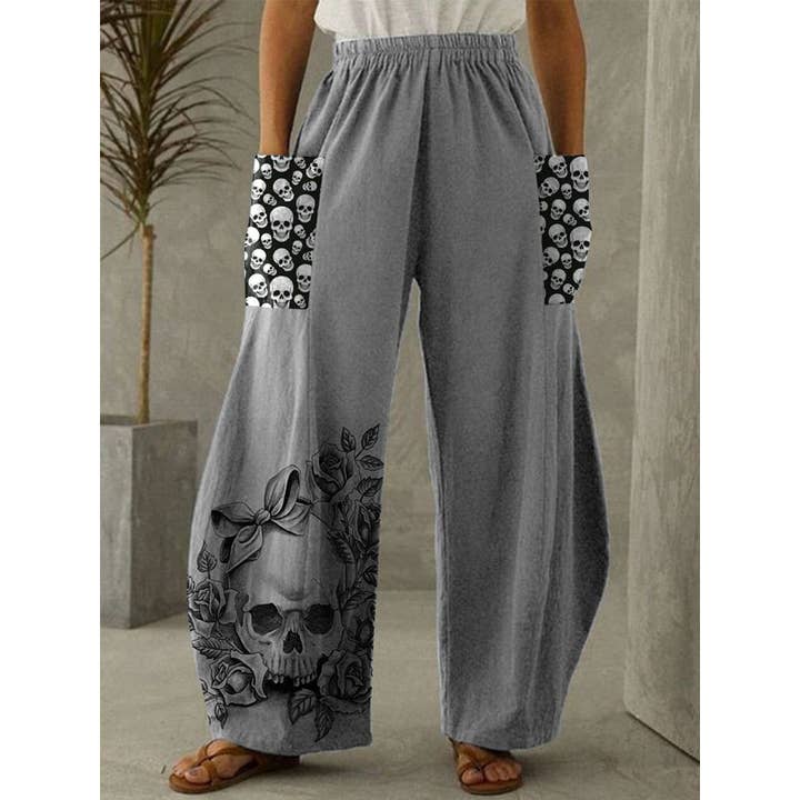 Skulls Printed Wide Leg Baggy Pants for wholesale by Tourtiwi