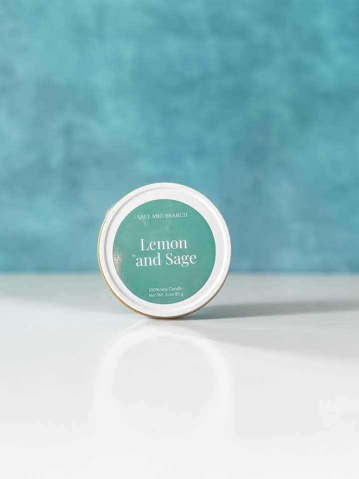 Lemon and Sage White Candle Tin - 3 oz for wholesale by Salt and Branch