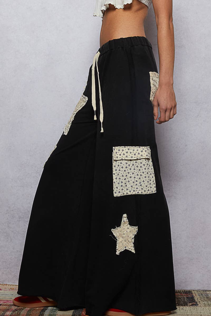 Pol Clothing - Wholesale Pants - Women's - French Terry Vintage Washing Star Patch Casual Wide Pants1