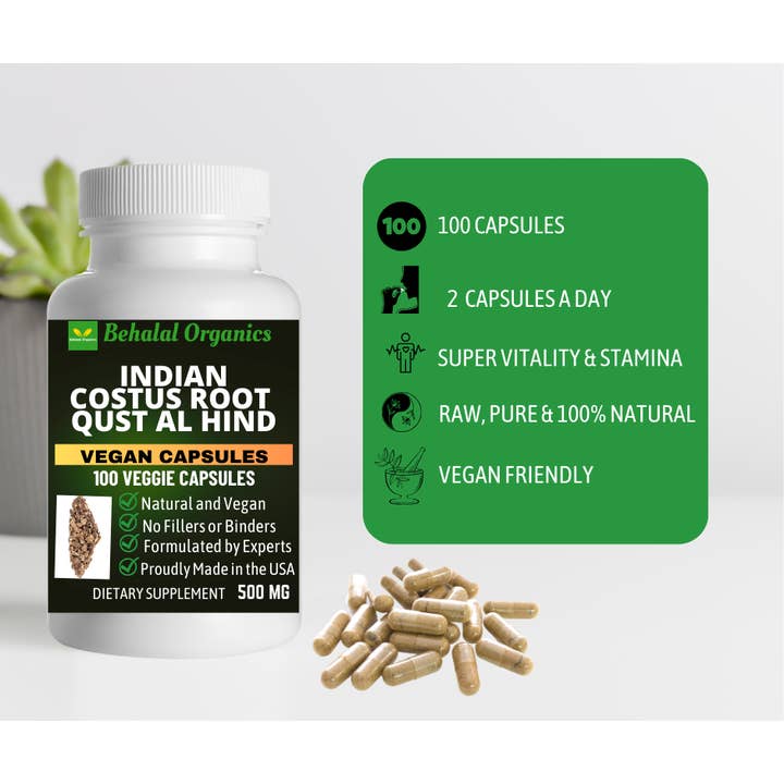 Behalal Organics - Venta al por mayor Suplementos/vitaminas para beber - Qust al Hindi 500 mg (raíz de costus india) 100 cápsulas rápidas