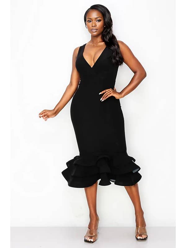 5besties inc - Wholesale Dress - Women's - Valentine V-neck Ruffle Detail Midi Dress.