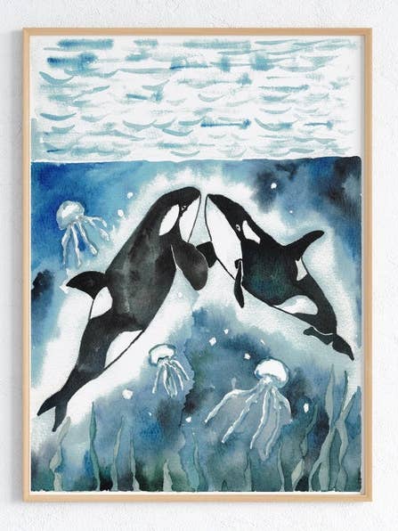 Orca watercolor painting print art for wholesale by Goodfairyart