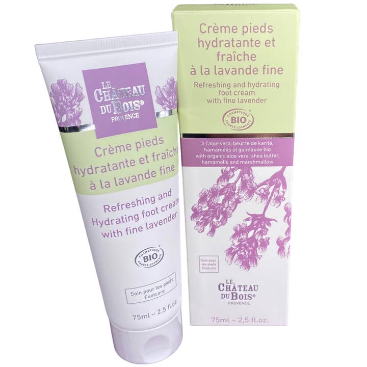 Fugtighedsgivende fodcreme med fin lavendel, certificeret økologisk Cosmos for engroshandel hos Le Château du Bois Provence