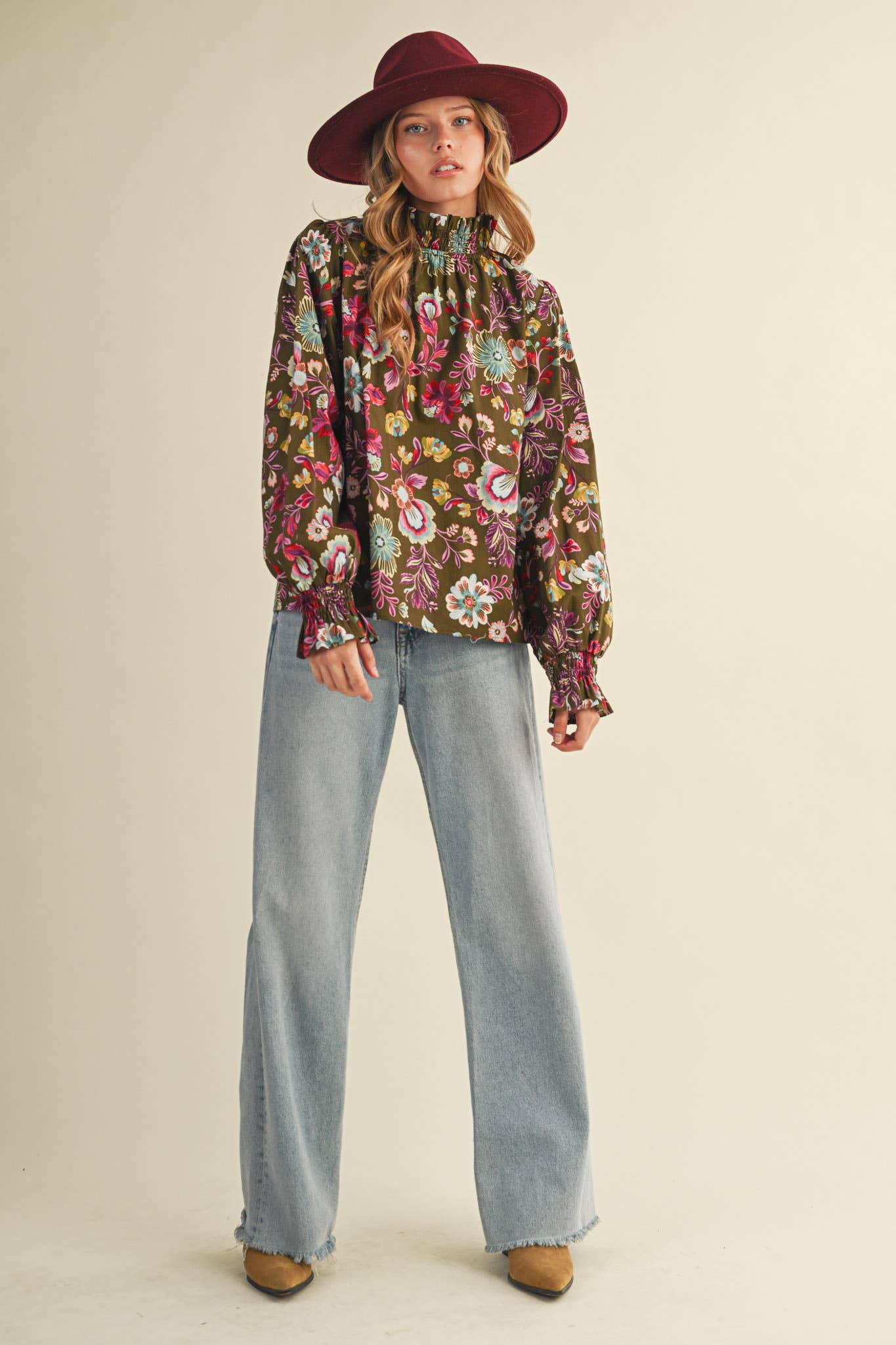 &MERCI - Wholesale Blouse - Women's - EXCLUSIVE FLORAL PRINT RUFFLED MOCK NECK TOP MTP429618