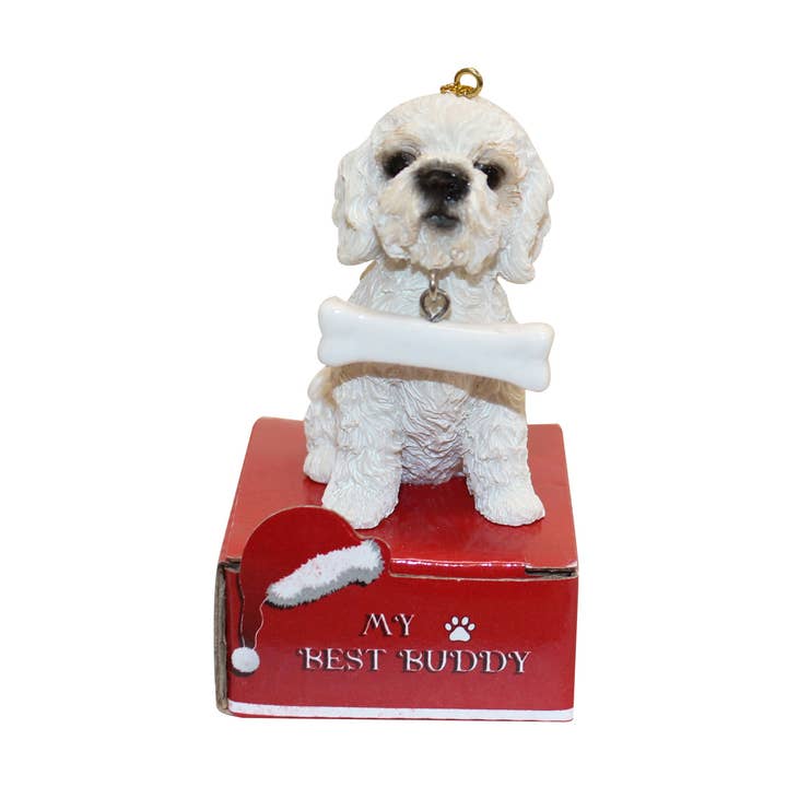 Poodle, White Dog Bone Ornament for wholesale by E&S Pets