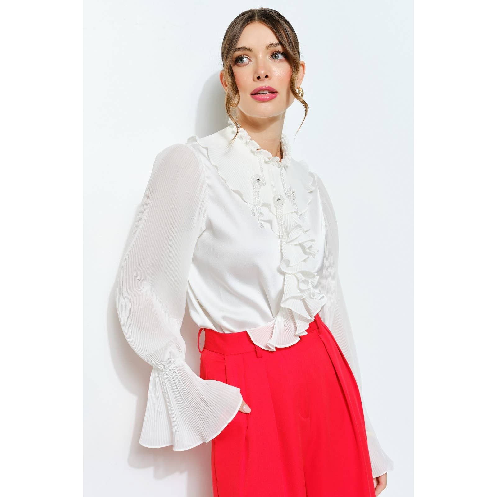 INA - Wholesale Blouse - Women's - Romantic Princess Pleated Satin Ruffled Blouse Top18