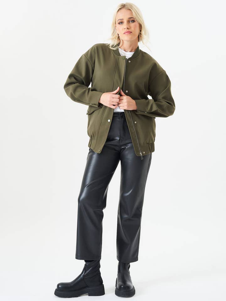 Khaki Zip Up Oversized Bomber Jacket for wholesale by GINI LONDON