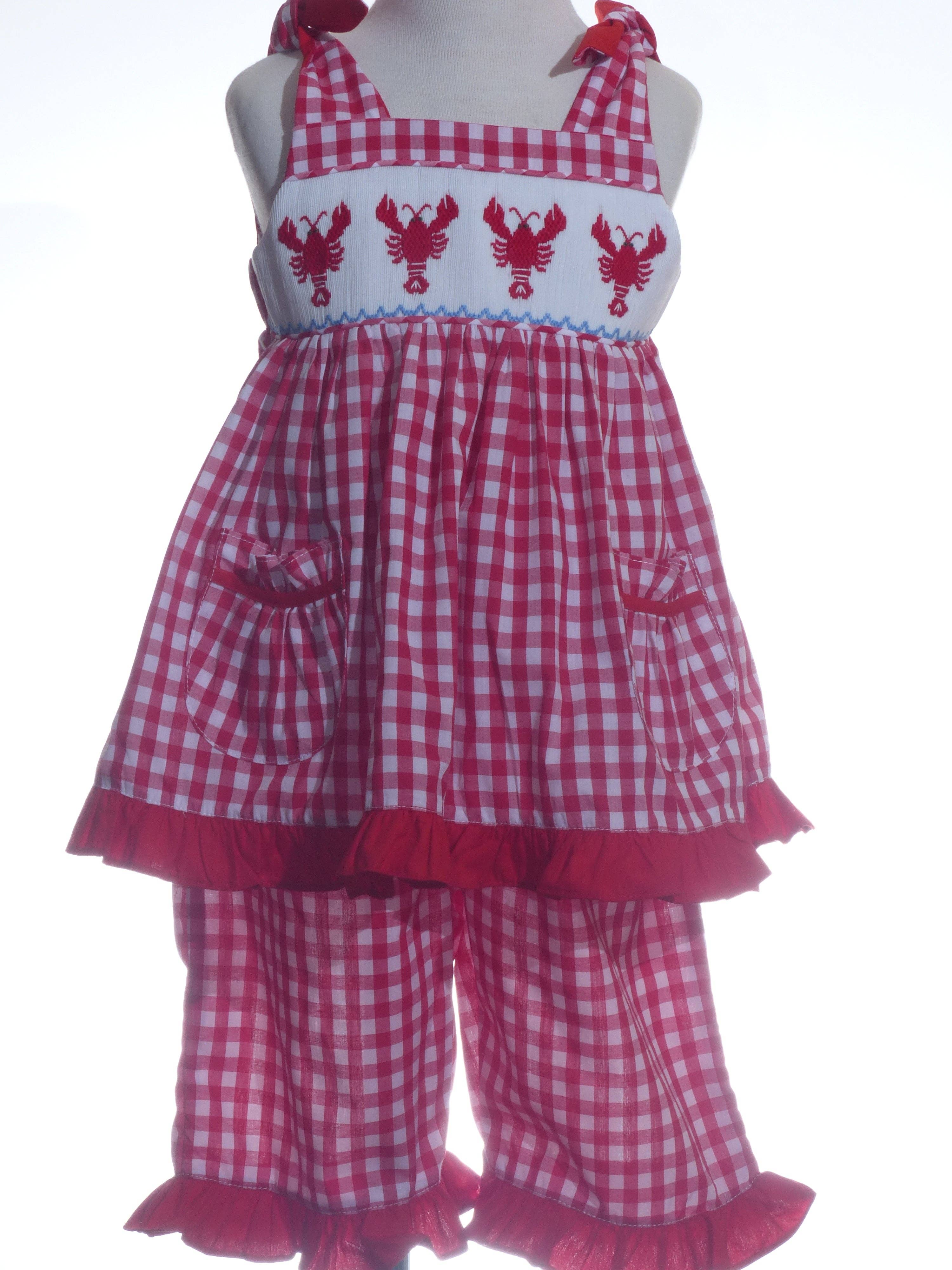 Hello Bebes! - Wholesale Top & Short Set - Kids - Red Gingham Lobster Smocked Ruffle Short Set1
