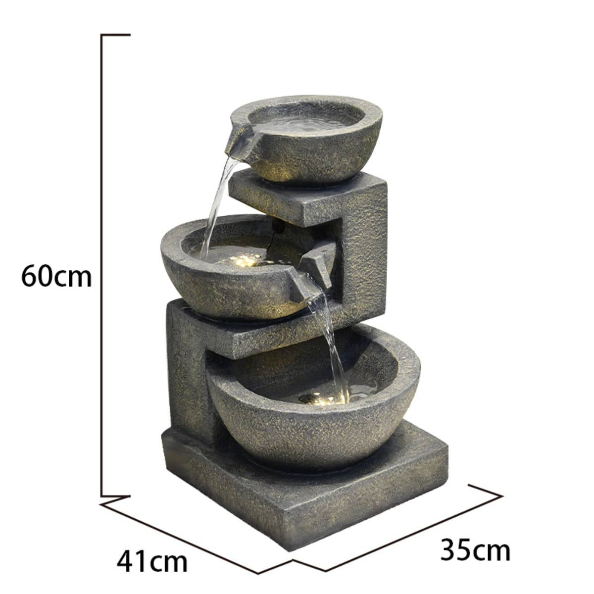 Hi-Line Gift Ltd. - Wholesale Outdoor Ornament/Decor - 3 Bowl Fountain W/2 Warm White Leds6