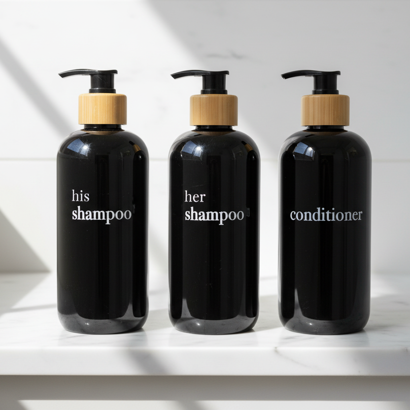 Joie Designs Co. | Refillable Bottles - Wholesale Soap Dispenser - Black Shampoo Dispenser Sets | Black Bottles | Bamboo or Black Plastic Pumps3