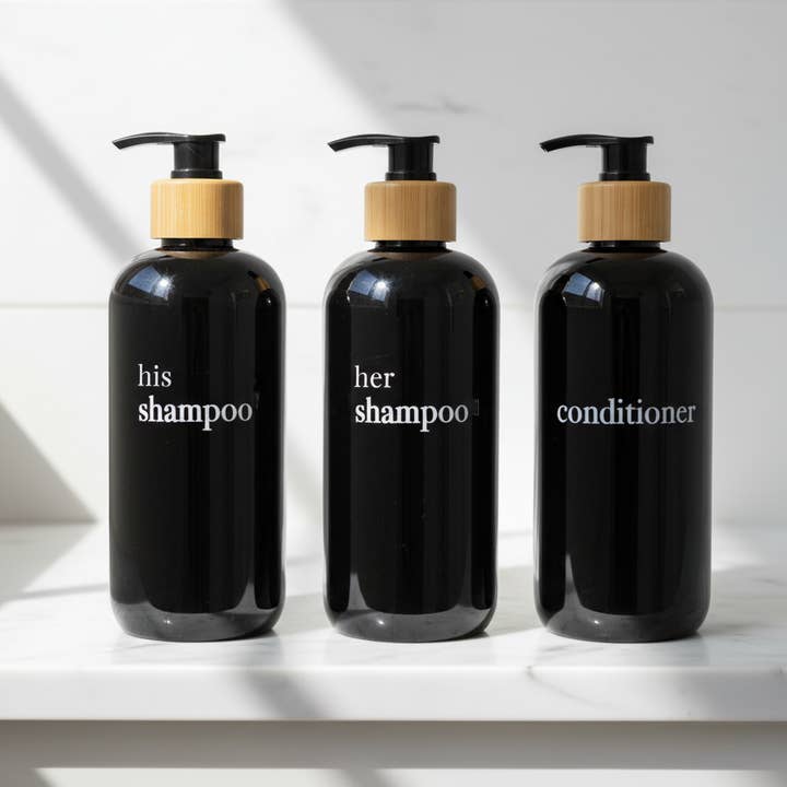 Joie Designs Co. | Refillable Bottles - Wholesale Soap Dispenser - Black Shampoo Dispenser Sets | Black Bottles | Bamboo or Black Plastic Pumps3