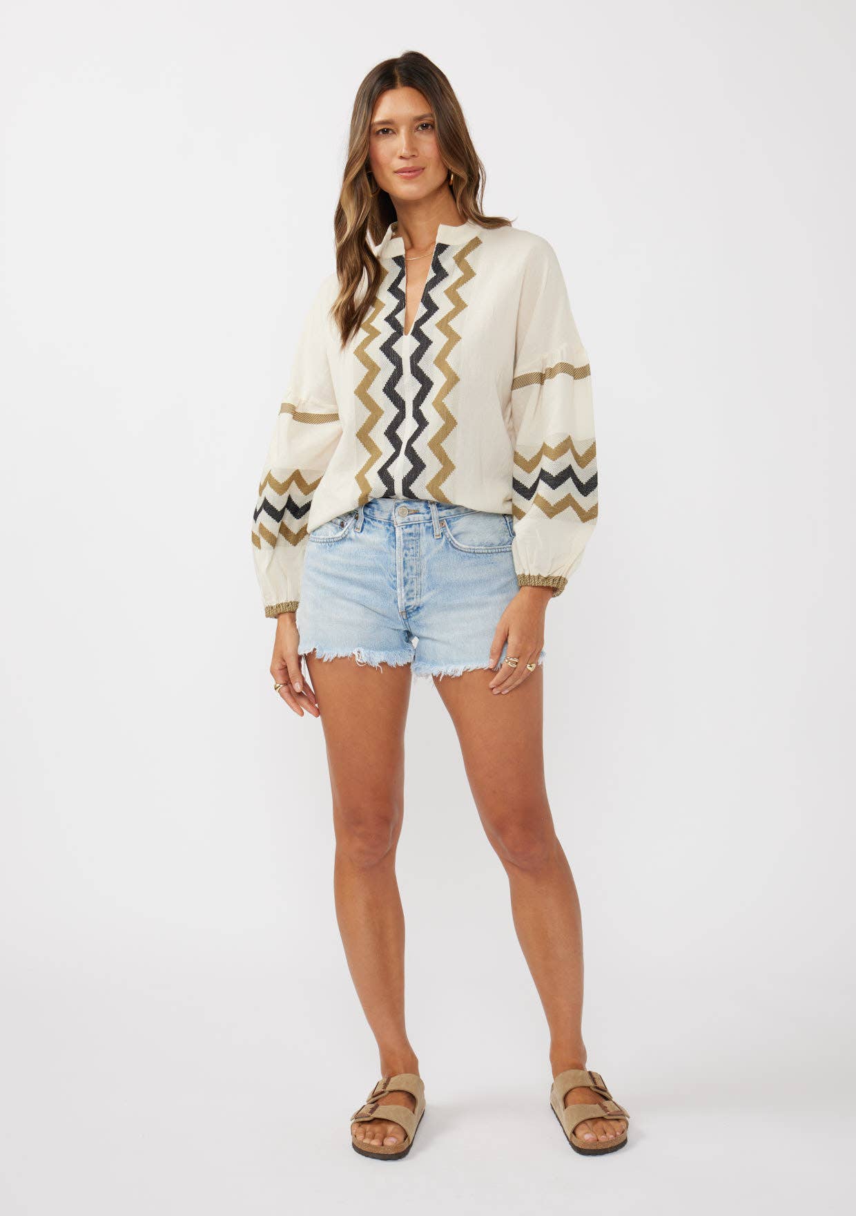 Naturel/Kaki Blouse à manches longues en jacquard de coton à encolure fendue en vente sur Faire7