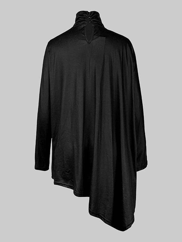 BLACK Long Sleeves Loose Asymmetric Floral Printed Split-Joint High Neck T-Shirts for wholesale on Faire4