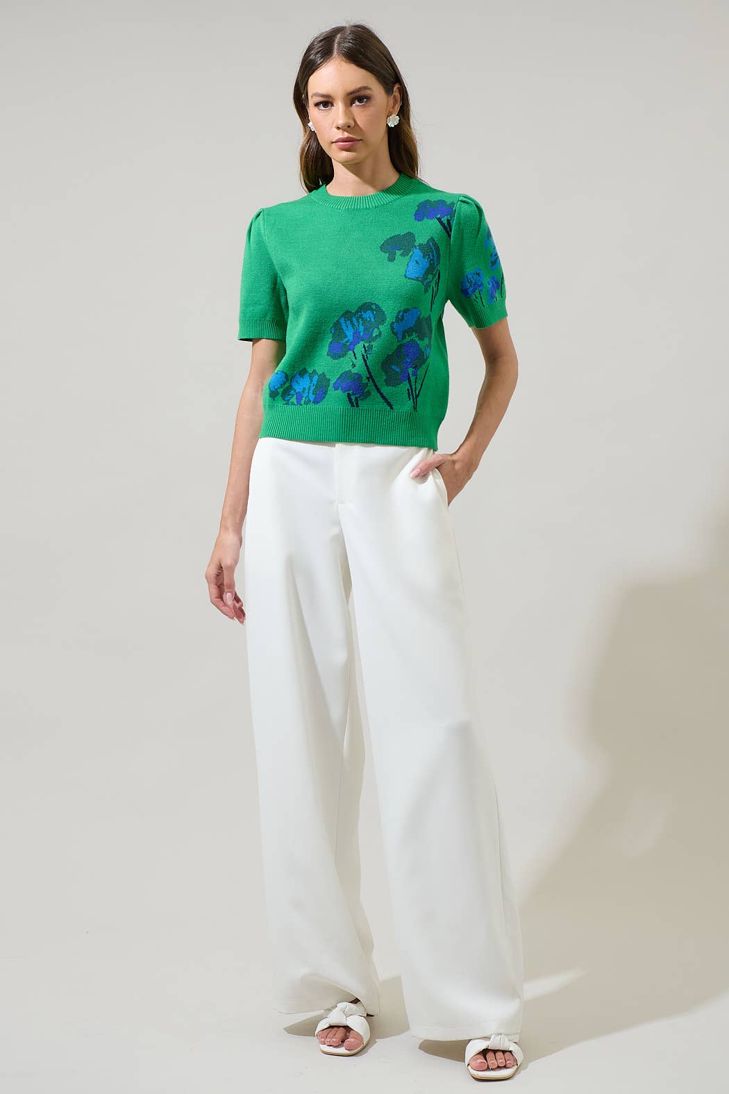 Kelly Green Kersey Floral Pleated Short Sleeve Sweater Top for wholesale on Faire3