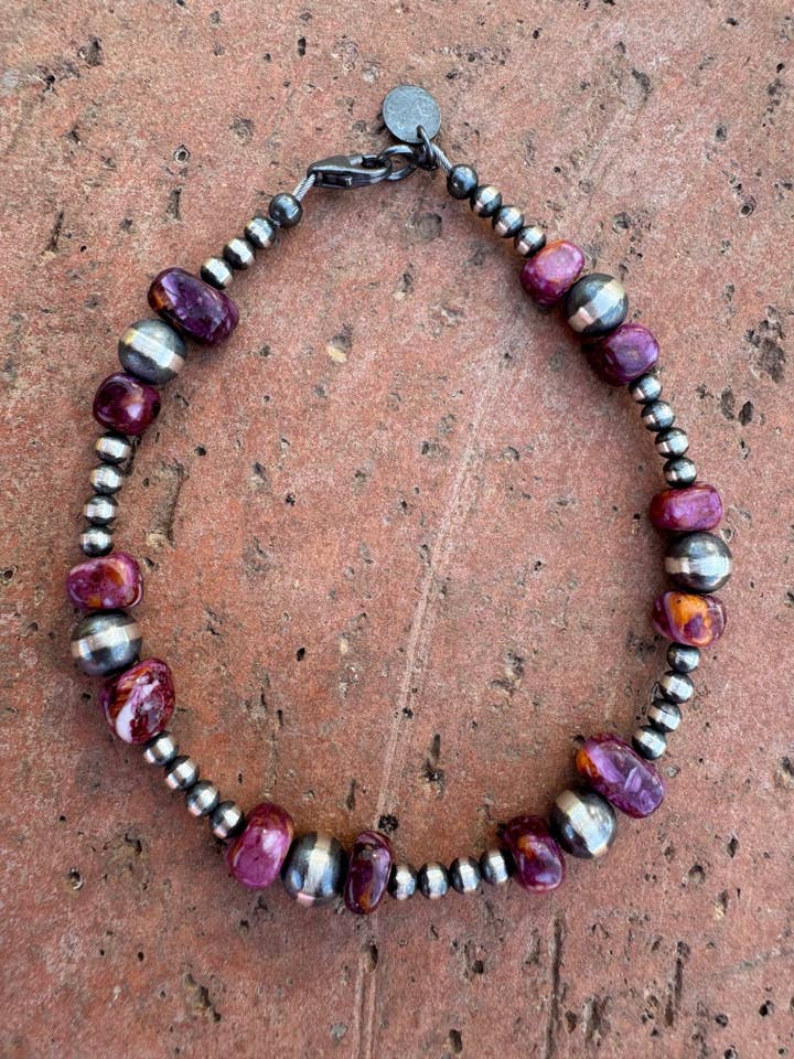 Handcrafted Purple Spiny & Sterling Silver Pearl 3mm & 6mm Beaded Bracelet 7.5" for wholesale by Nizhonitradersllc