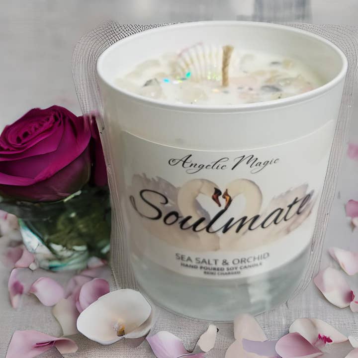 Soulmate Manifestation Candle- Reiki Charged - Rose Quartz for wholesale by Angelic Magic