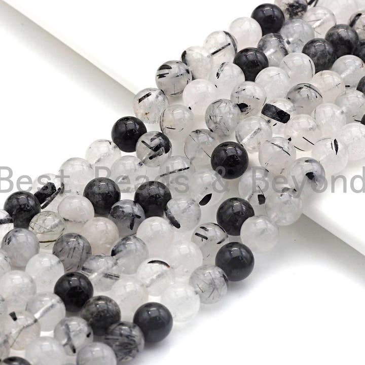 Quality Natural Tourmalinated Quartz , 6mm/8mm/10mm Round Smooth Beads, Natural Quartz, 15.5" Full Strand, sku#U687 for wholesale by BestBeads&Beyond