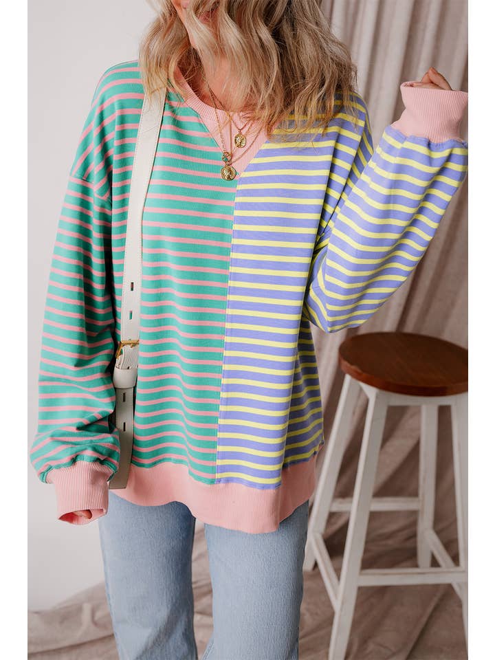Aapparella - Wholesale Sweatshirt - Women's - Colorblock Striped Oversize Sweatshirt | S-2XL