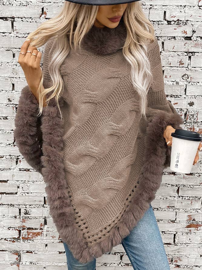 Faux Fur Collar Chunky Cable Knit Sweater Cape MMY225 for wholesale by UNISHE