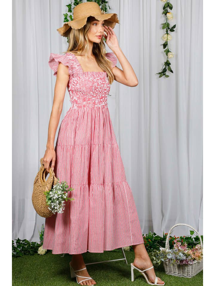 Vine & Love - Wholesale Dress - Women's - Tiered Hem Striped 100% Cotton Midi Dress VD82522
