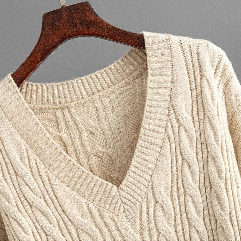 Sheer Trend - Vente Ensemble haut et pantalon (PAS d'intérieur) - Femme - Ensemble Pull à Col en V en Maille Câble et Pantalon à Jambes Larges3