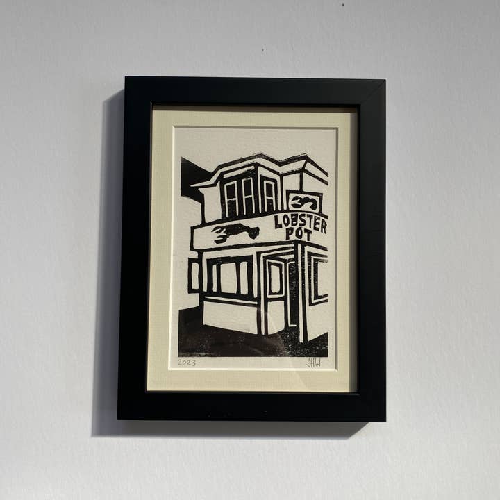 Art of Stephen Wells - Wholesale Art Print - Provincetown Lobster Pot Restaurant Framed Linocut Print