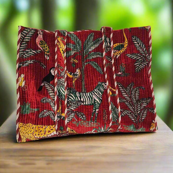 Burgundy Zoo Velvet Bag for wholesale by Tibet Handicrafts LLC