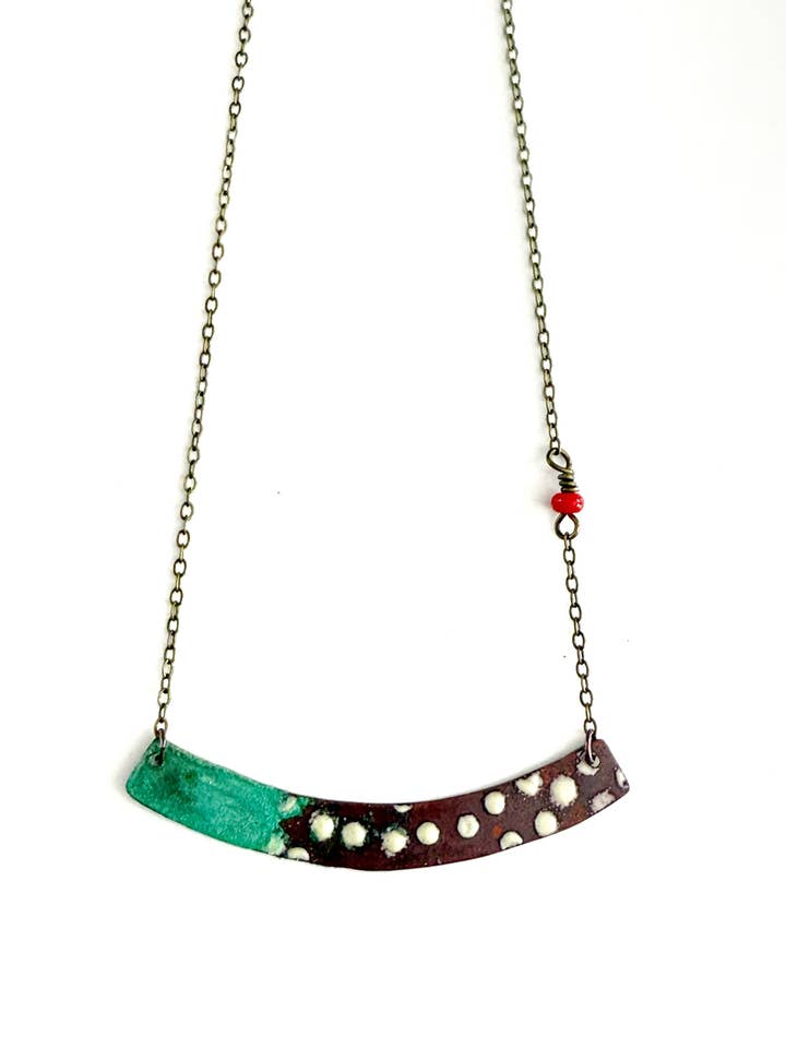 Patina and Enamel Necklace with Red Bead for wholesale by Courtney Fischer Jewelry